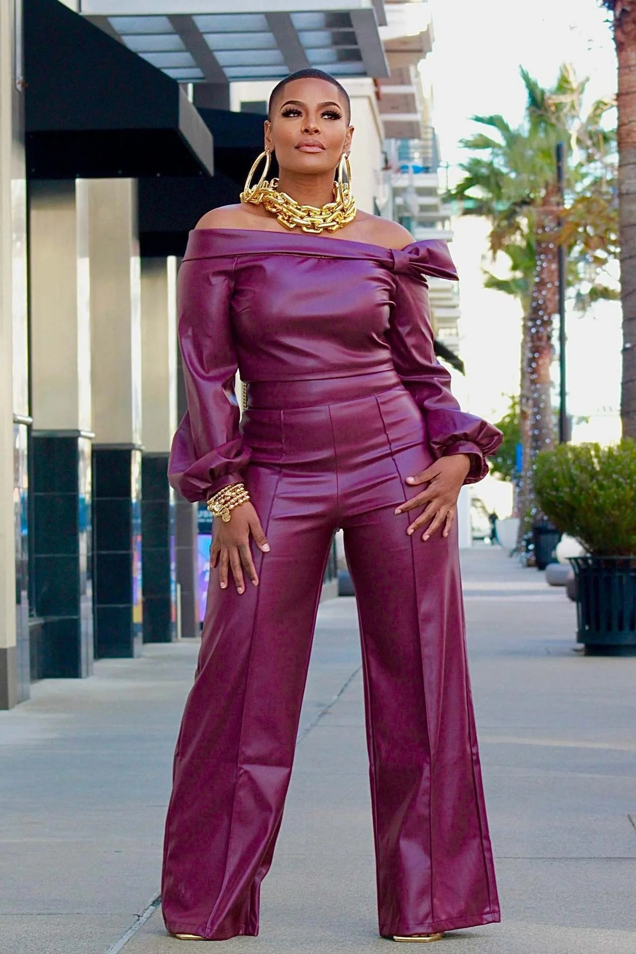Women's wine red leather suit with detailed stitching, sizes S to XXL