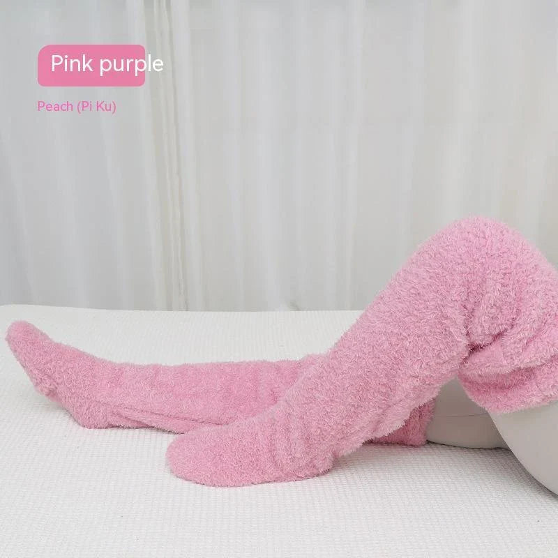 Cozy over-the-knee fuzzy socks in various colors, including brown, blue, dark gray, and pink purple