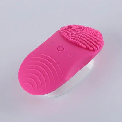 A rose red, ultrasound-powered facial cleansing device with adjustable gear positions for customised power and convenience.
