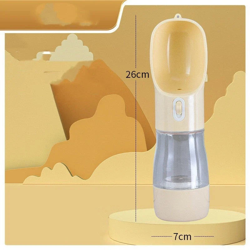 Portable pet water bottle and food bowl made of durable plastic, available in multiple colors for outdoor adventures with your furry friend.