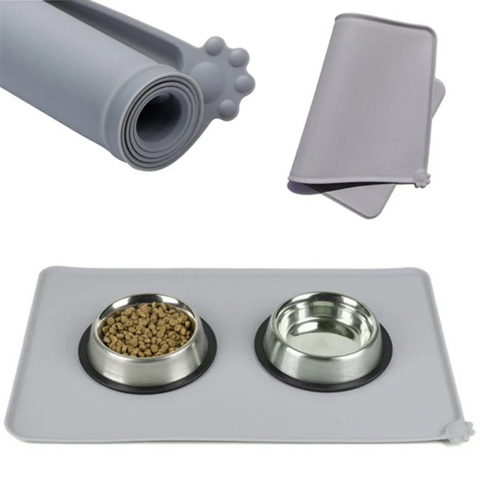 Spill-proof pet food mat made of durable silicone with non-slip base and raised edges to prevent messes
