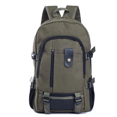 Men's canvas backpack with zippered opening, available in multiple colours including coffee, light khaki, and black.