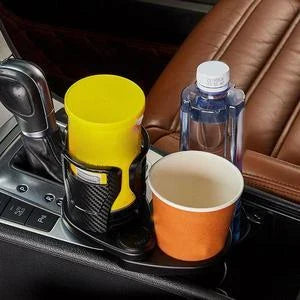 Stylish car cup holder with 360-degree rotation, carbon fibre-inspired design, and secure, non-slip storage for drinks, phones, and other essentials