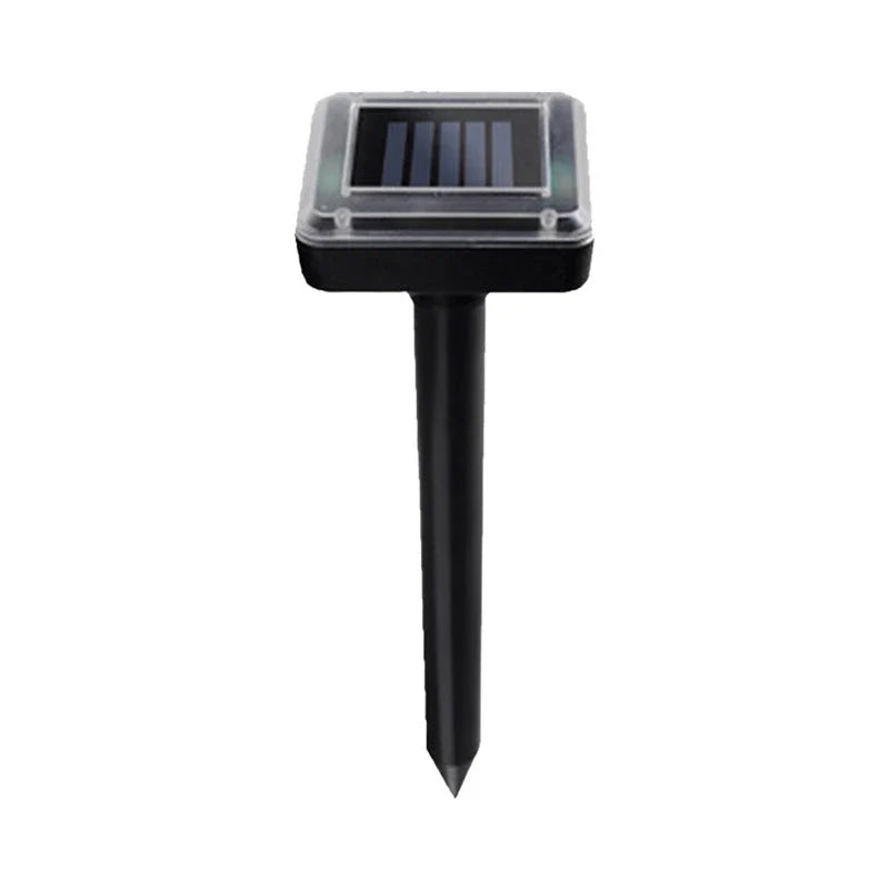 Solar-powered ultrasonic pest deterrent device for repelling moles, rats, snakes, and other burrowing pests from gardens and outdoor spaces