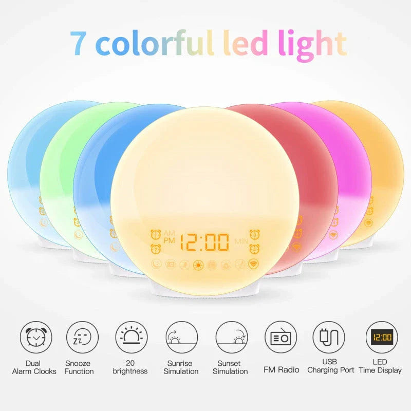 Natural wake-up light alarm clock with soothing nature sounds and customisable ambient lighting