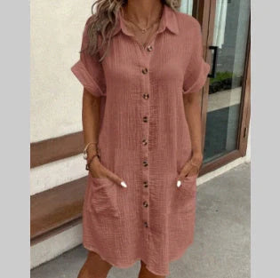 Stylish midi dress with short sleeves, made of premium polyester fabric and available in a range of colours