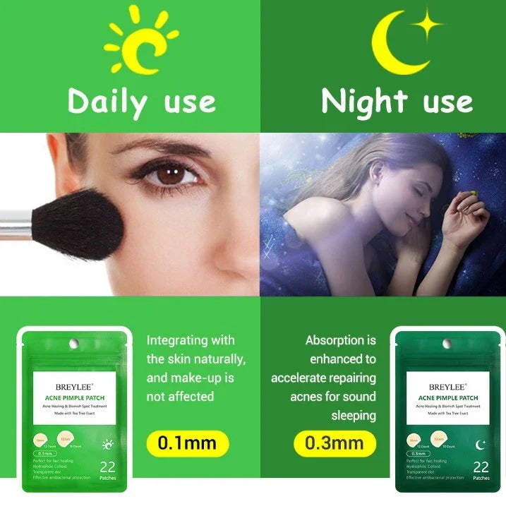 Discreet tea tree spot patches to fade acne marks and blemishes, with a transparent and ultra-thin design for natural-looking coverage.