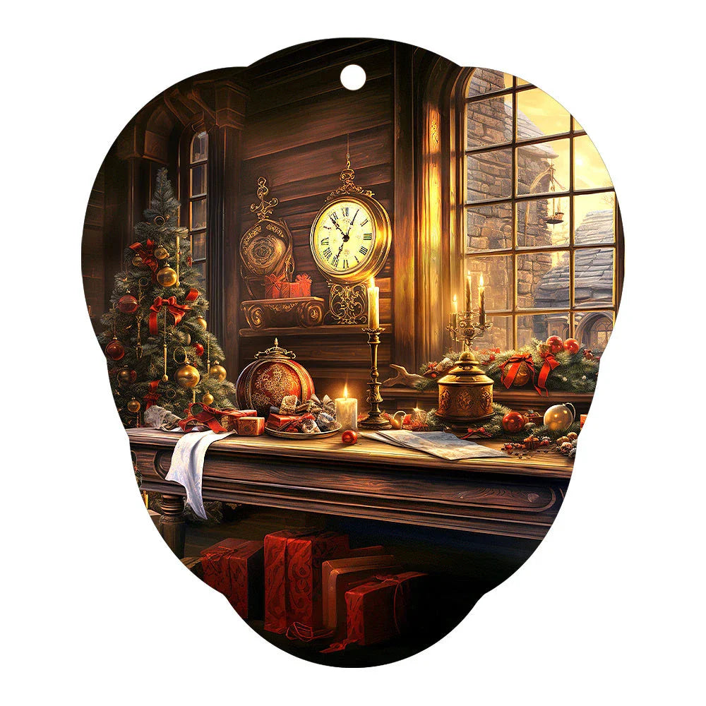 Festive car ornament hanging from rearview mirror with Christmas designs
