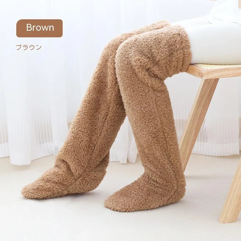 Cozy over-the-knee fuzzy socks in various colors, including brown, blue, dark gray, and pink purple