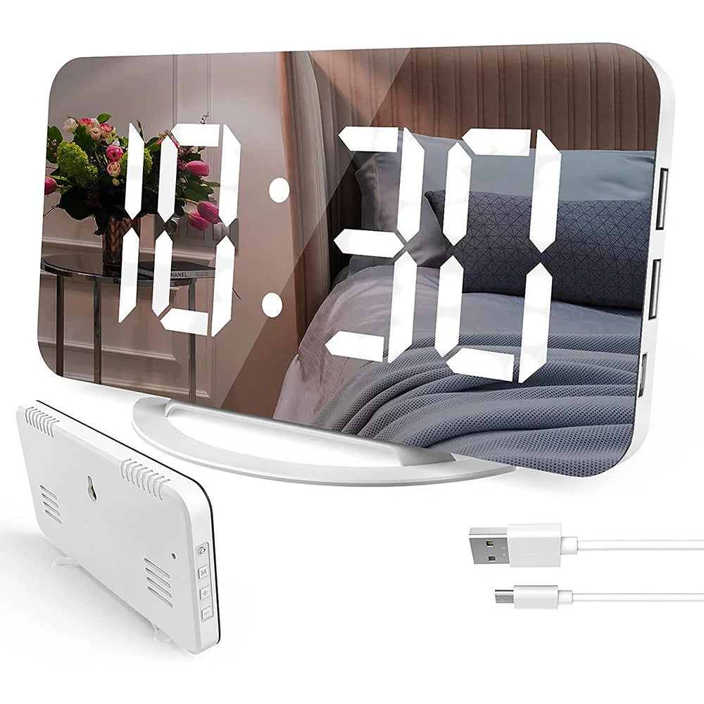 Digital mirror clock with LED display and dual USB ports on a desk