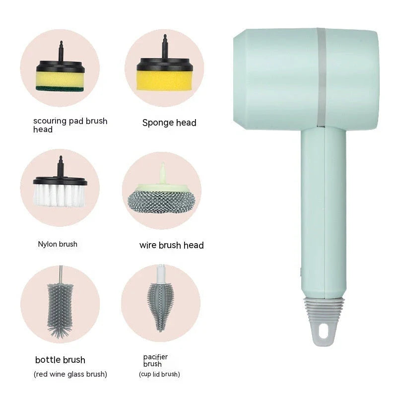 Powerful automatic cordless cleaning brush with interchangeable brush heads for cleaning kitchen, bathroom, and other surfaces