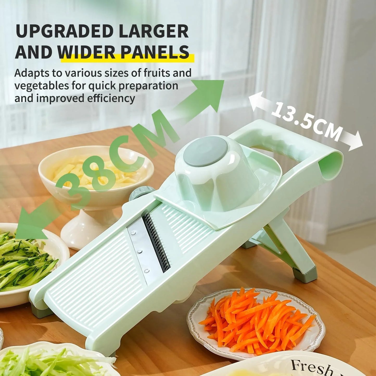 Versatile vegetable slicer with adjustable thickness, ideal for slicing, shredding, and julienning a variety of ingredients