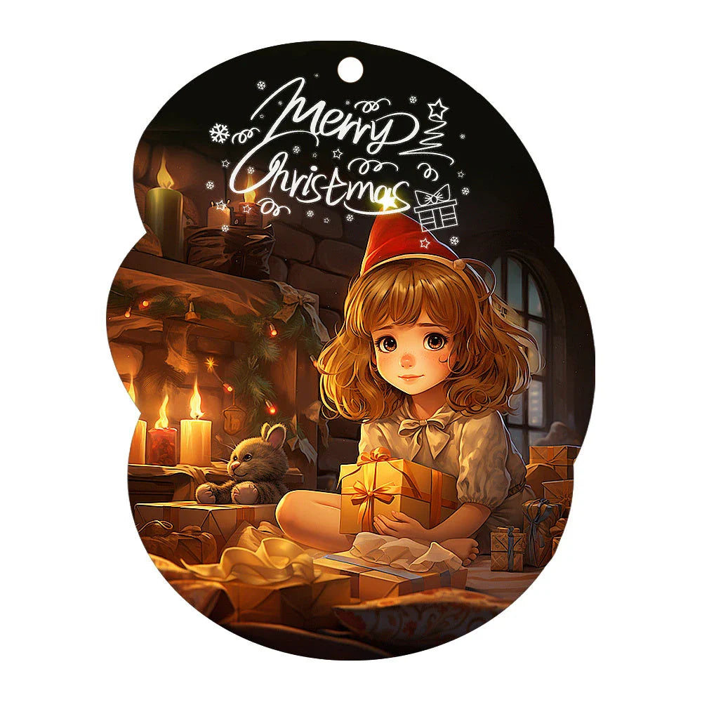 Festive car ornament hanging from rearview mirror with Christmas designs