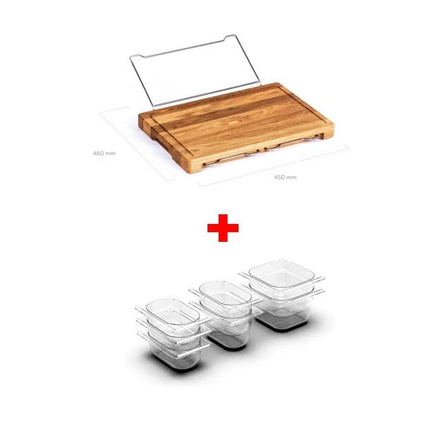 Bamboo cutting board with plastic storage trays for organizing and containing chopped food items