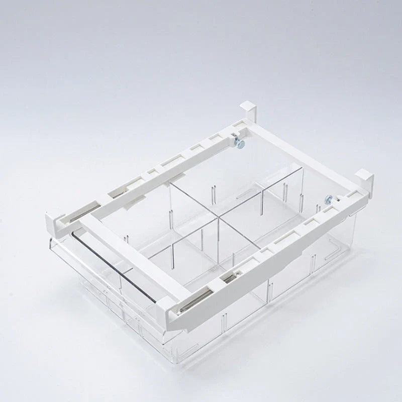 Transparent rectangular storage box with modular grid system for organised storage in kitchen or office