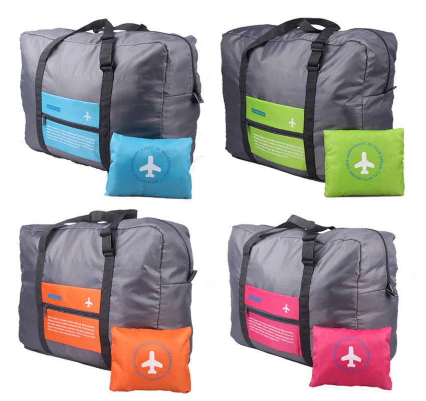 Foldable nylon travel holdall in various colours, including black, orange, green, and red
