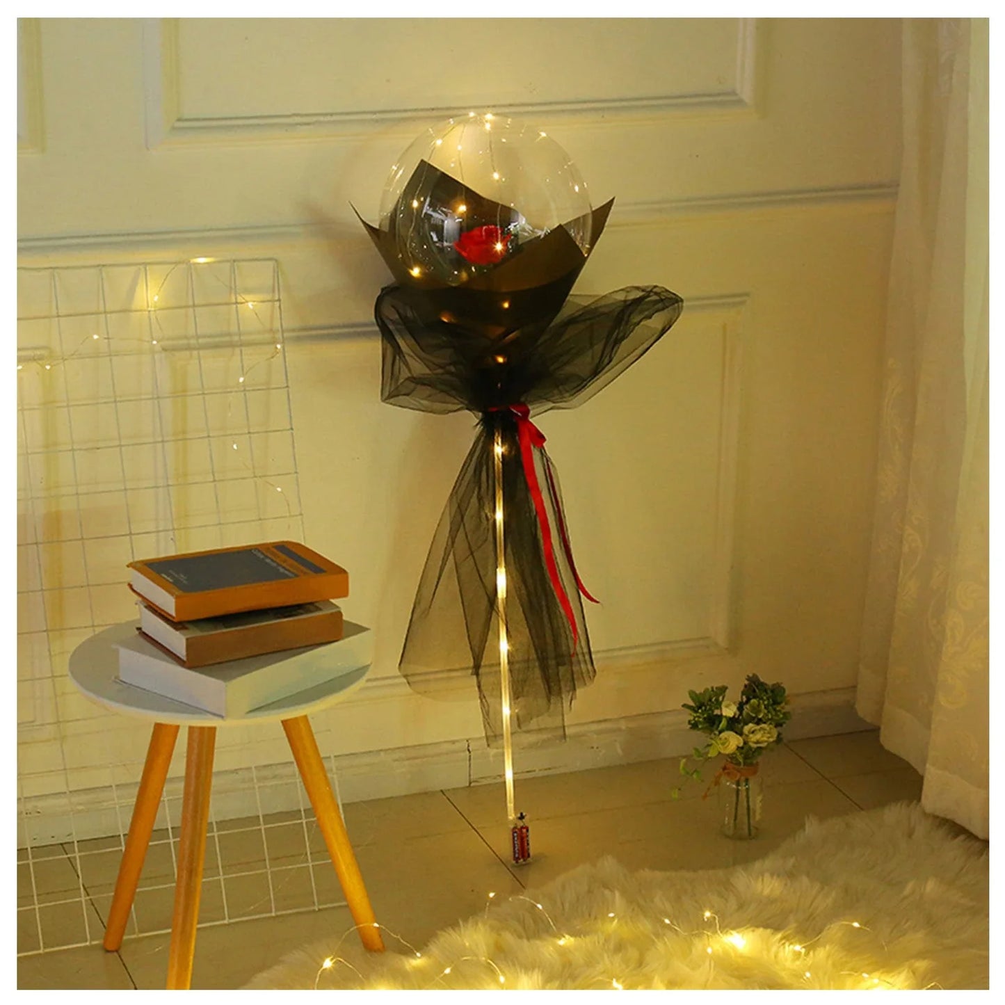 A luminous bouquet of glowing rose-shaped balloons, creating a magical and enchanting display.