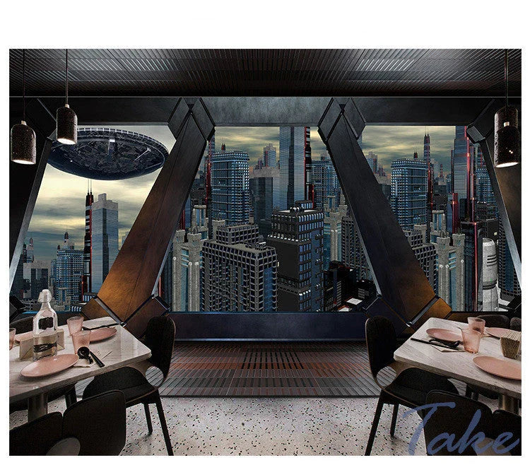 Captivating 3D spaceship wallpaper design featuring vibrant colours and intricate details, perfect for cosmic-inspired home decor