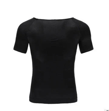 Men's compression t-shirt for fitness with belly support in navy blue, black, and white