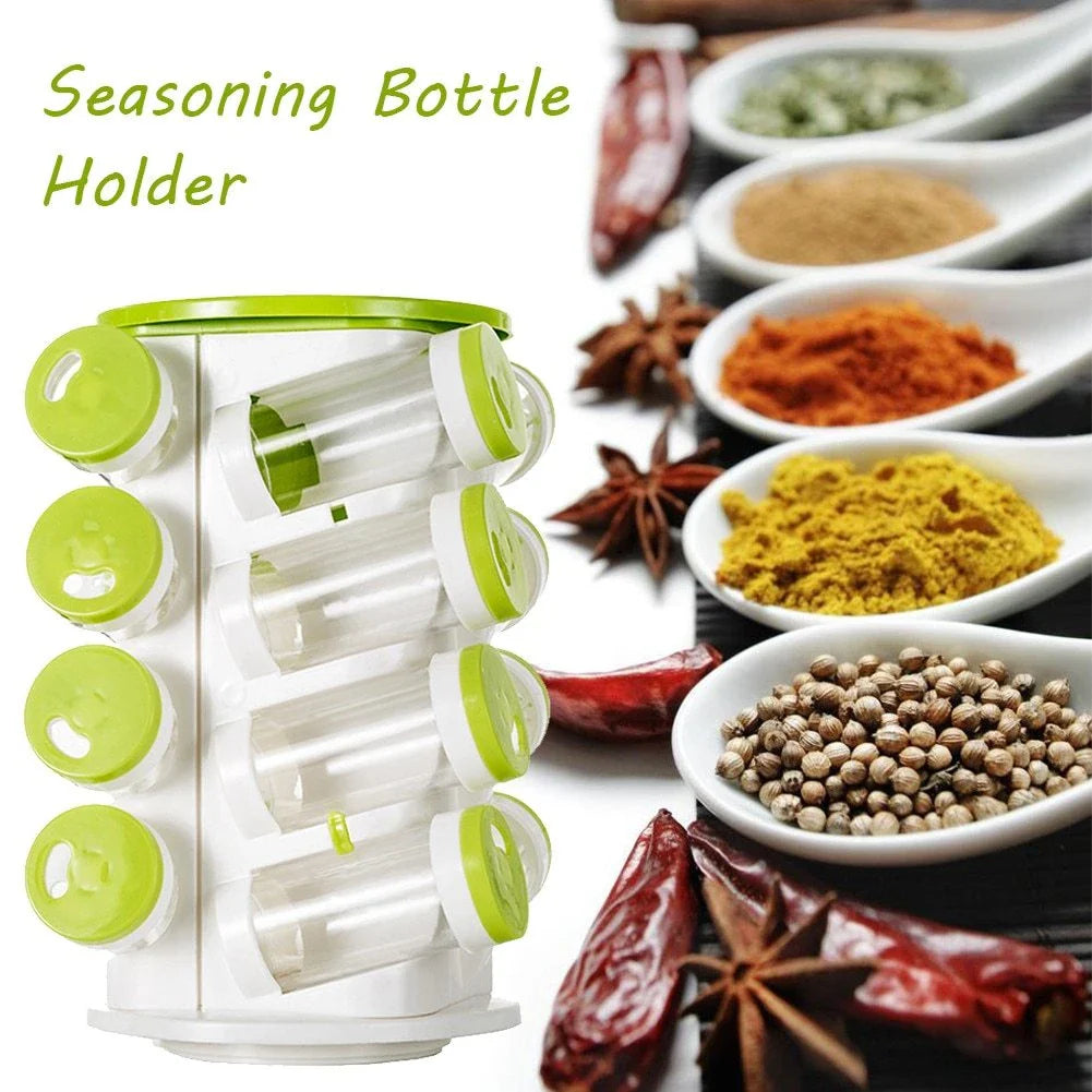Premium rotating spice rack with 16 individual compartments for storing various spices, herbs, and seasonings