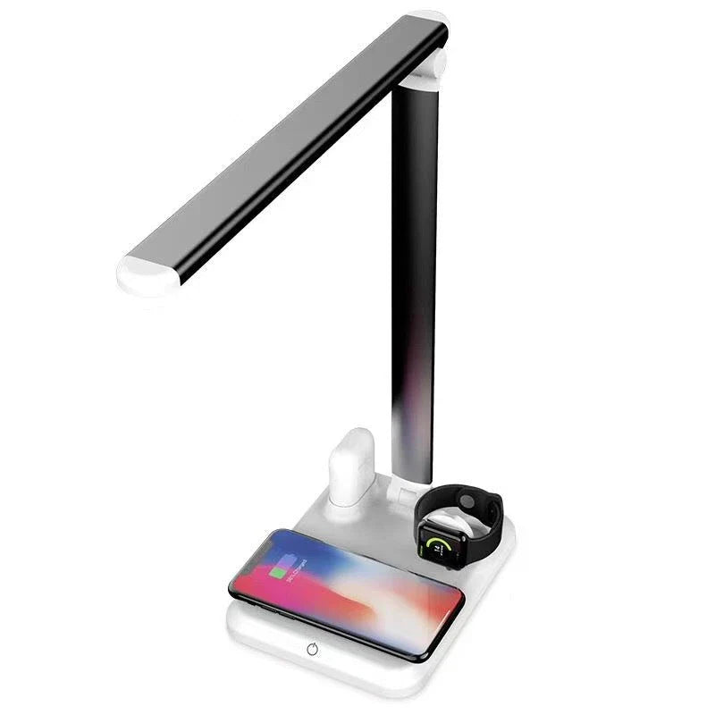 Multifunctional LED desk lamp with wireless charging station, adjustable lighting, and touch controls