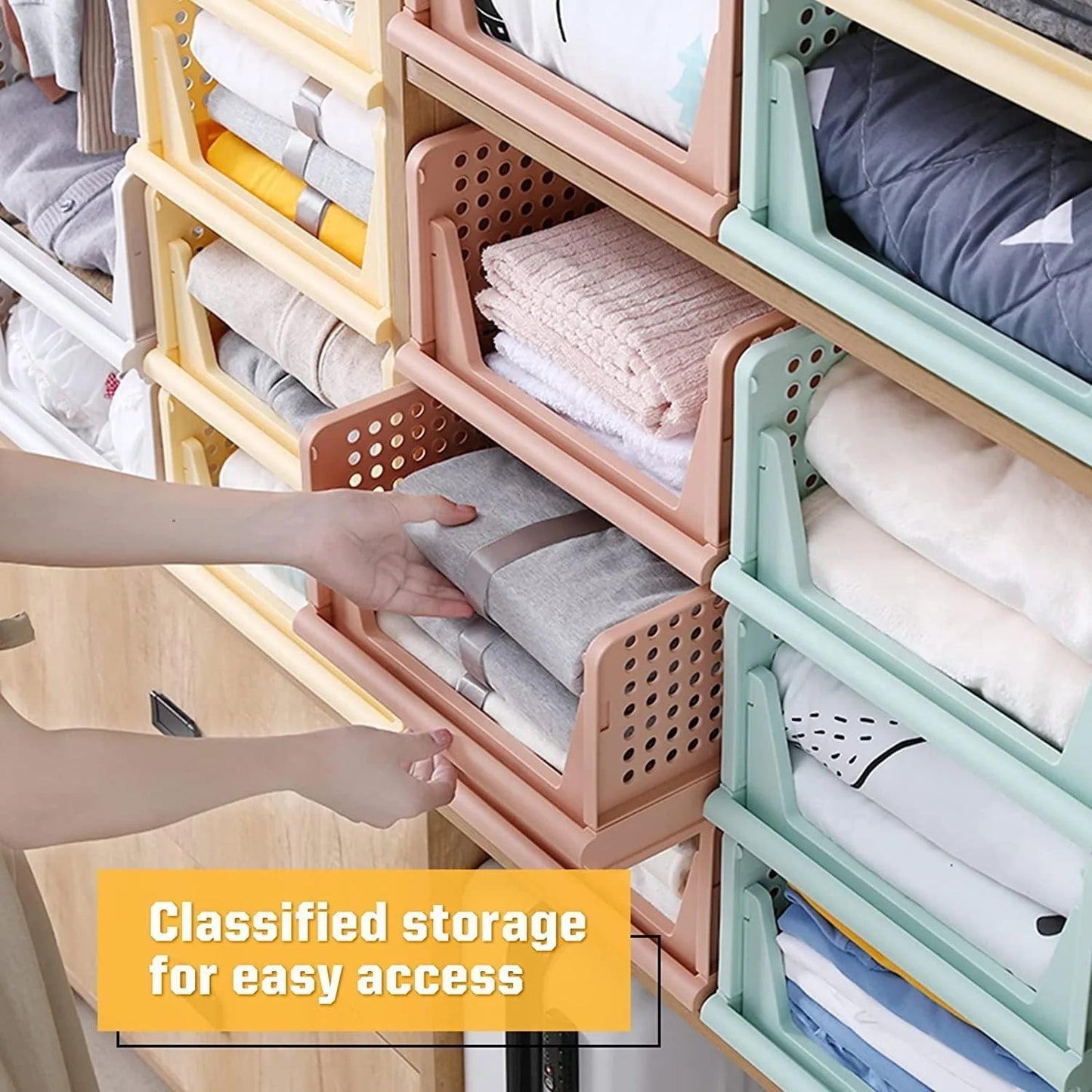 Stackable plastic clothes storage drawers in white, available in various sizes for customisable organisation