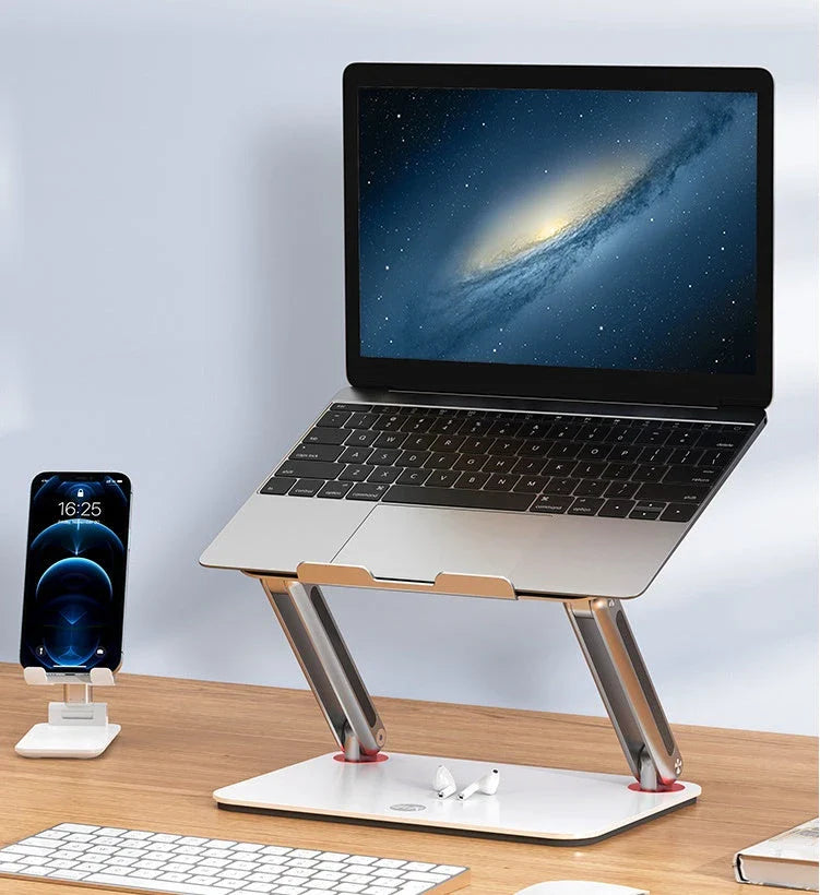 Adjustable aluminium laptop stand with foldable design and ventilated cooling rack for desks