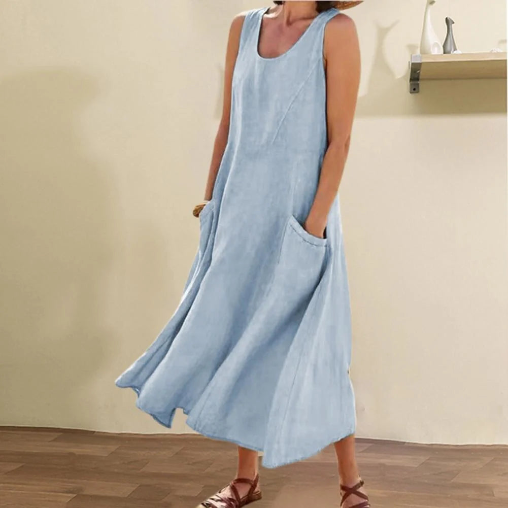 Stylish summer sleeveless long dress with pockets in various colours