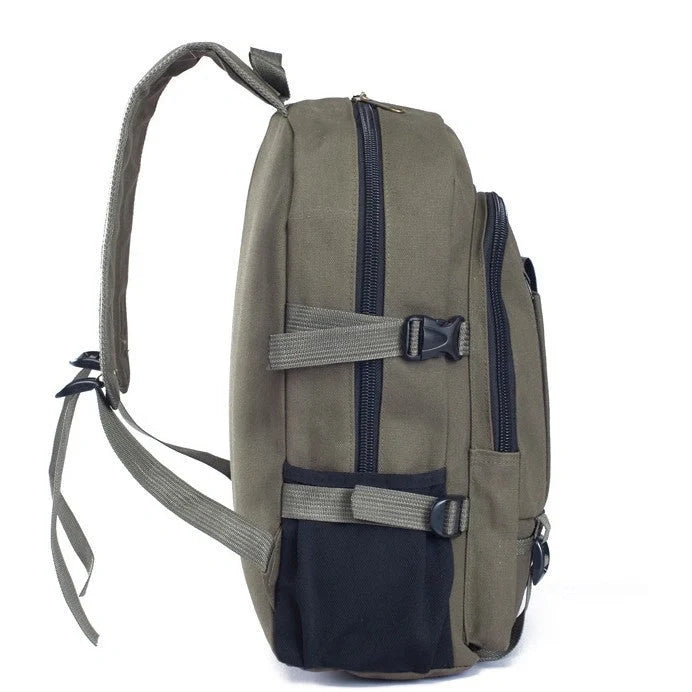 Men's canvas backpack with zippered opening, available in multiple colours including coffee, light khaki, and black.