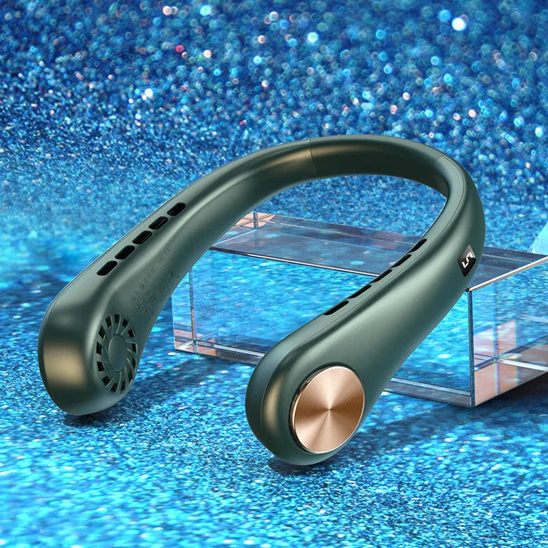 Portable bladeless neck fan with rechargeable air cooler for hands-free cooling in various colors and sizes