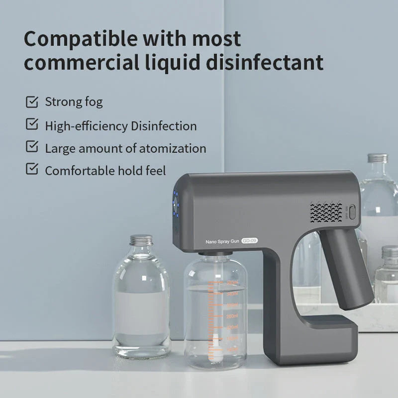 Powerful cordless disinfecting sprayer with rechargeable battery, adjustable spray settings, and compact portable design for thorough home sanitization