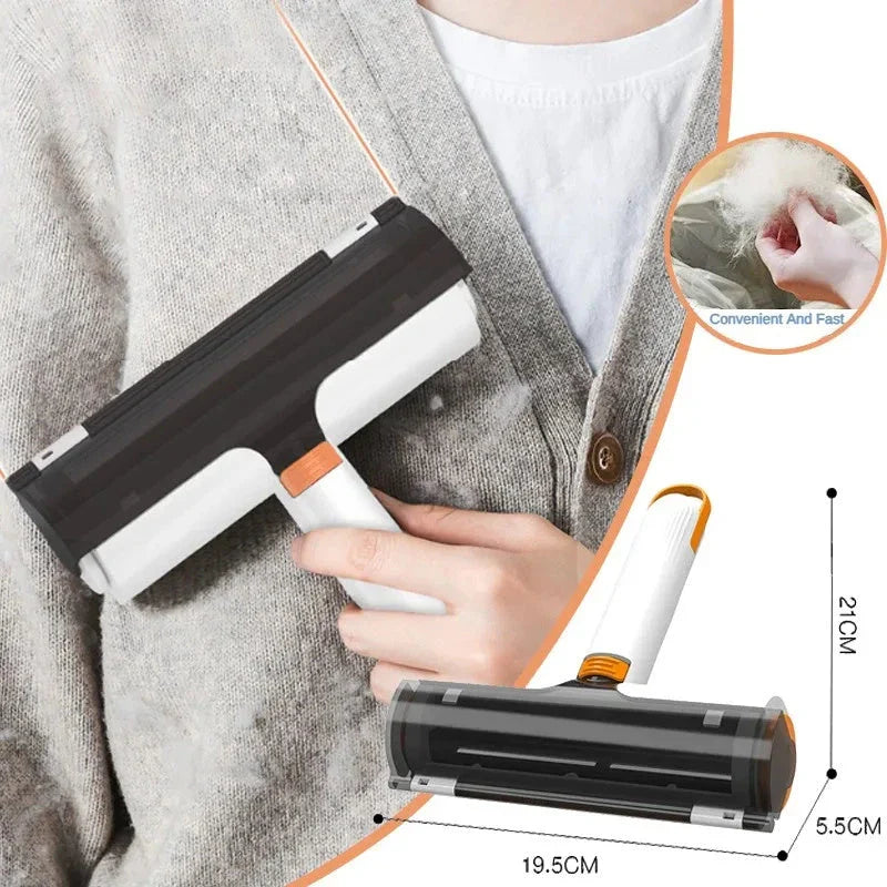 2-in-1 pet hair removal roller with soft bristles for effortless cleaning of clothes, furniture, and car interiors