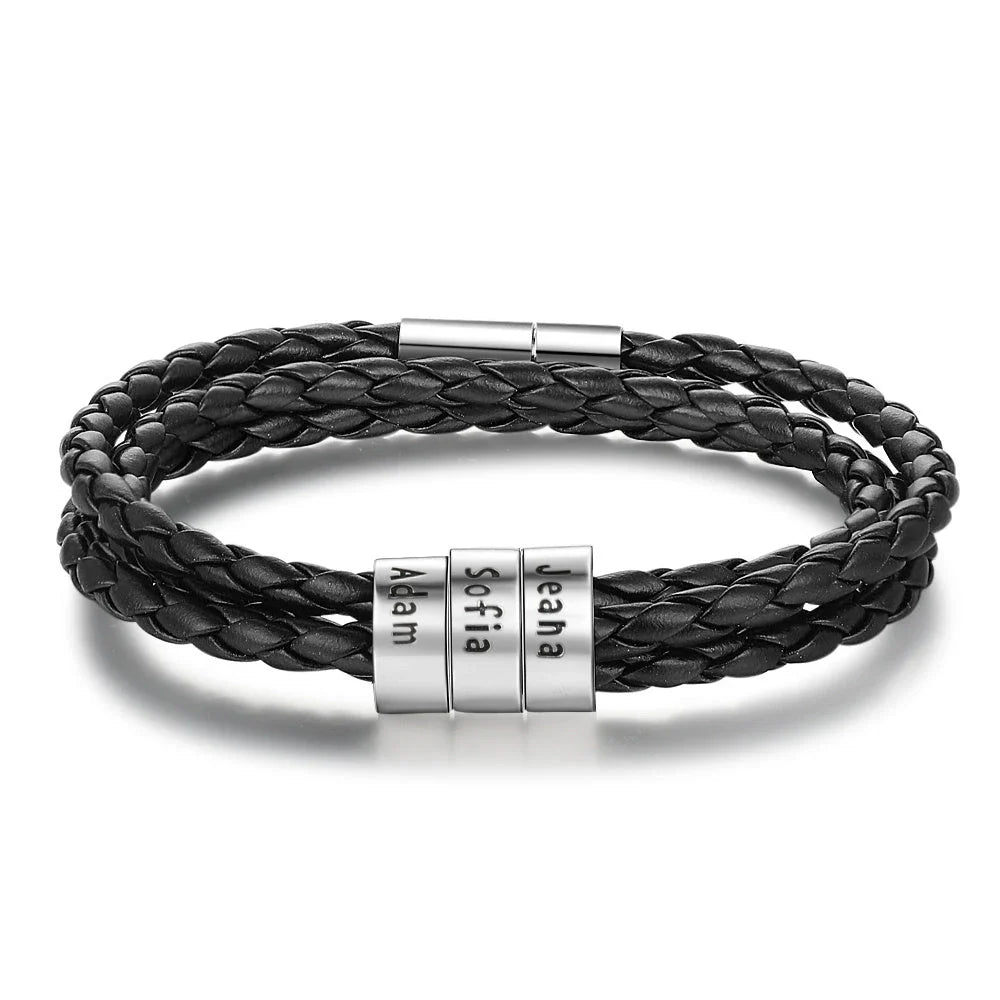 Personalized Leather Bracelet with Engraved Name Charm in Black and Brown Colors