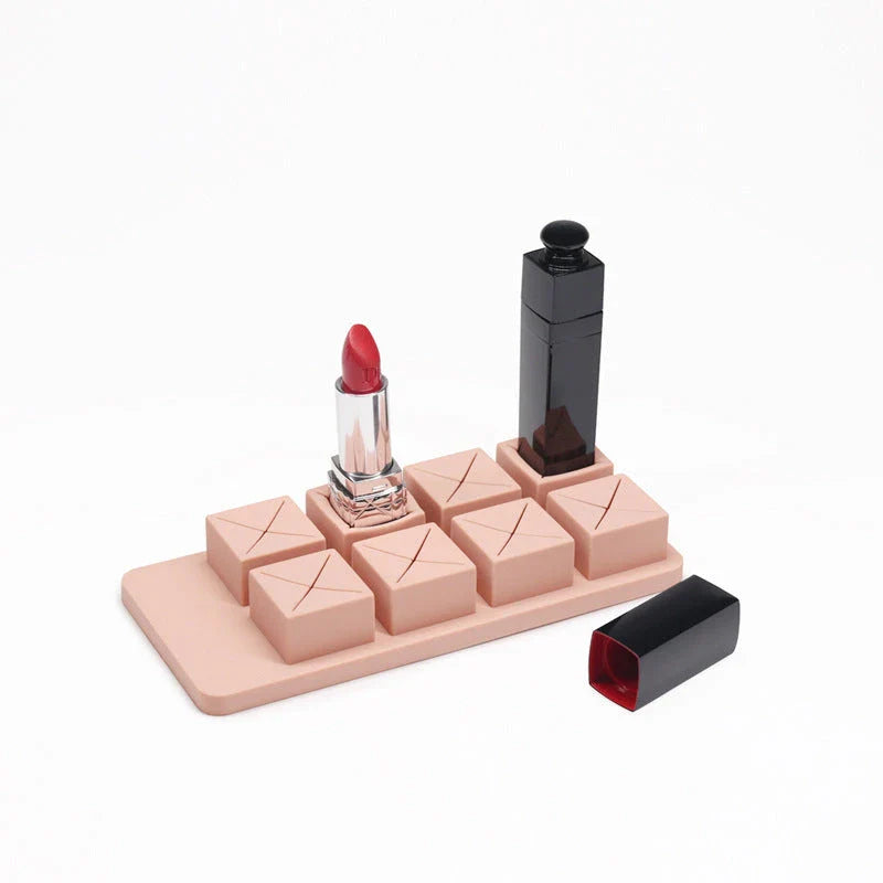 Compact desktop makeup storage organiser with 'chocolate bar' design for lipsticks, glosses, and pencils