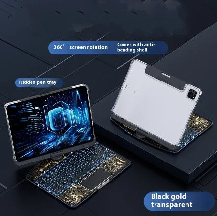 360-degree rotating keyboard case with transparent backplate and built-in Apple Pencil holder for iPad