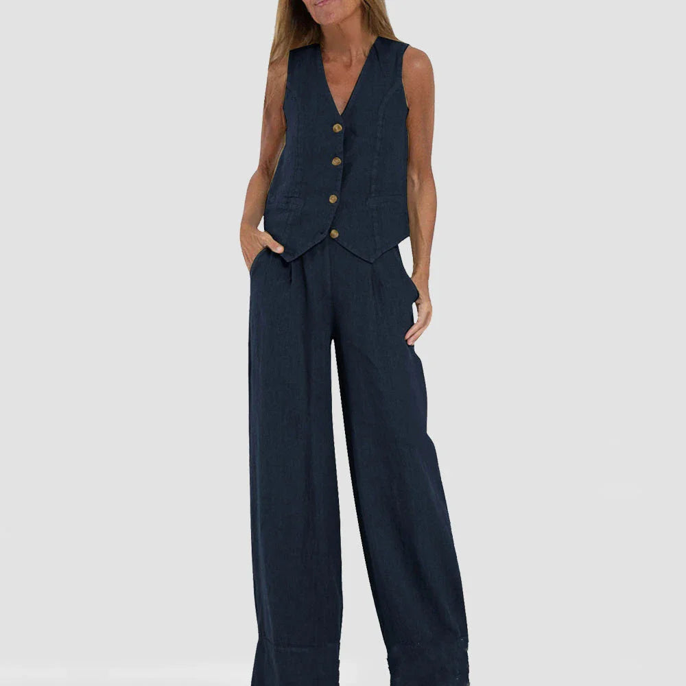 Sleeveless top and straight-leg trousers set in various colors, including apricot, olive green, black, and white.