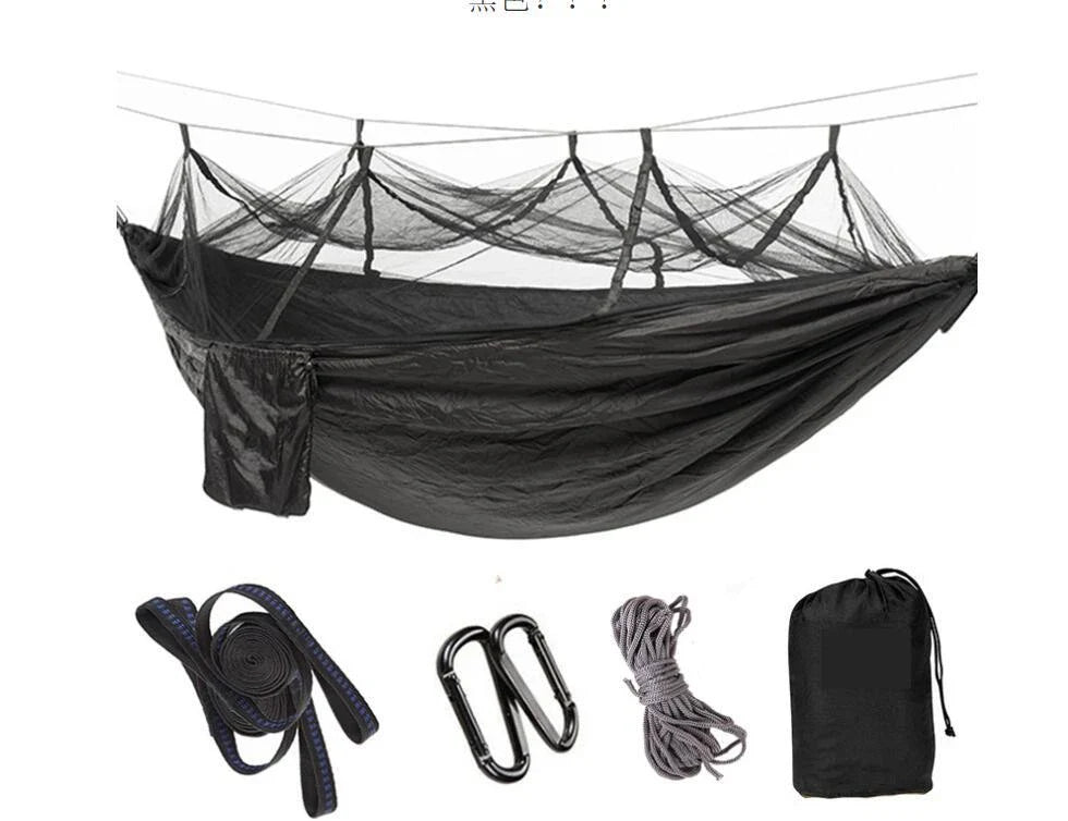 Versatile parachute hammock with mosquito net for outdoor camping and relaxation