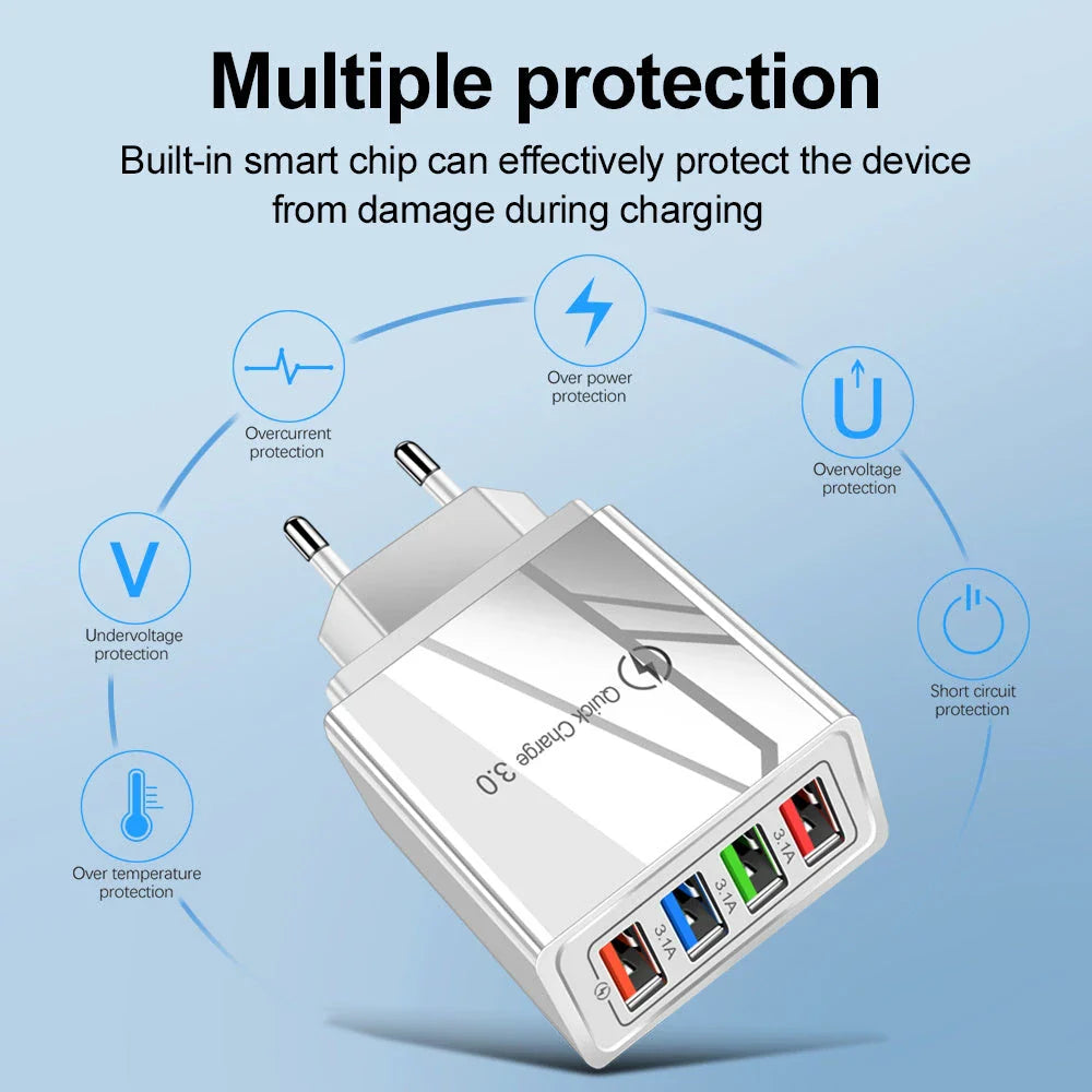 4-Port High-Speed USB Wall Charger with Quick Charge 3.0 Technology for Simultaneous Charging of Multiple Devices