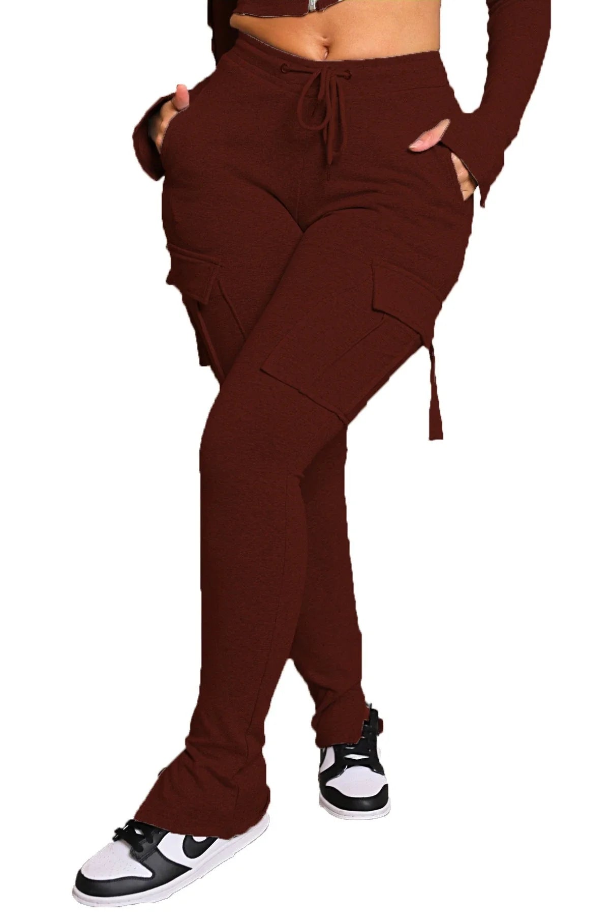 Versatile cargo trousers with pockets, high-waist design, and adjustable drawstring waistband for women
