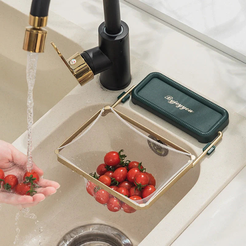Foldable sink filter rack with disposable mesh bags for kitchen waste management