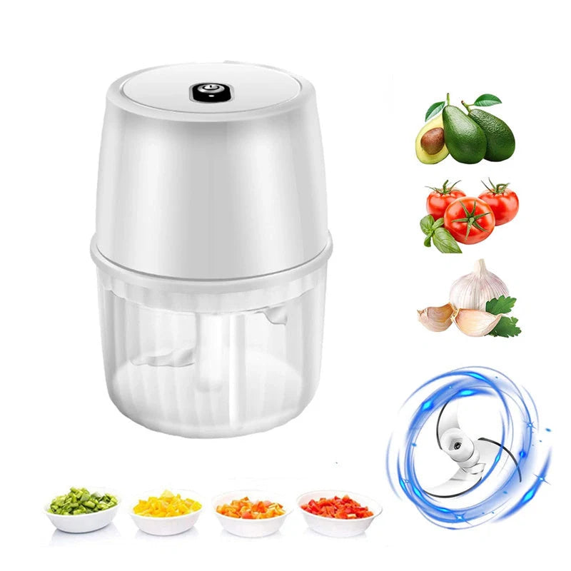 Compact, USB-rechargeable electric garlic chopper with stainless steel blades and detachable design for easy cleaning