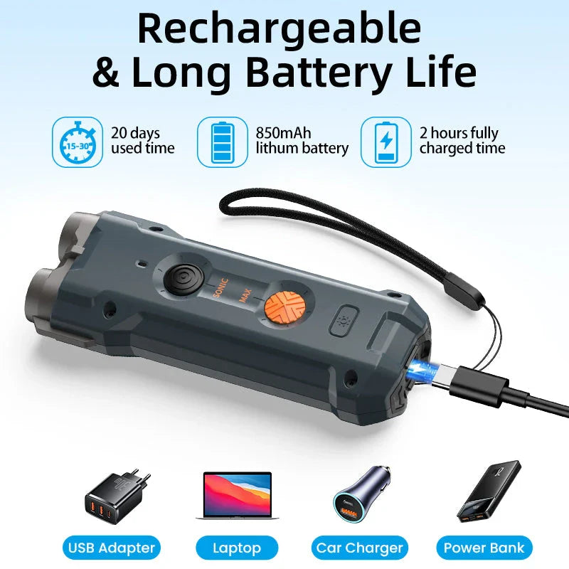 2-in-1 Ultrasonic Dog Training and Anti-Barking Device with Rechargeable Flashlight for Effective Behaviour Management and Night Safety