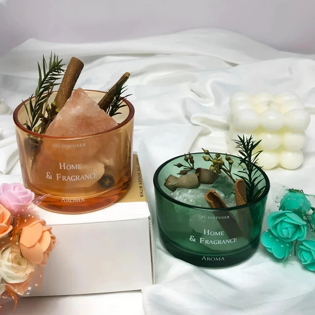 Natural stone essential oil diffuser with decorative flowers and plants, creating a calm and tranquil atmosphere in the home.