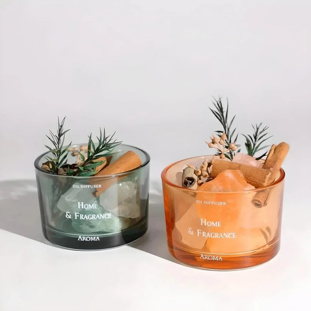 Natural stone essential oil diffuser with decorative flowers and plants, creating a calm and tranquil atmosphere in the home.