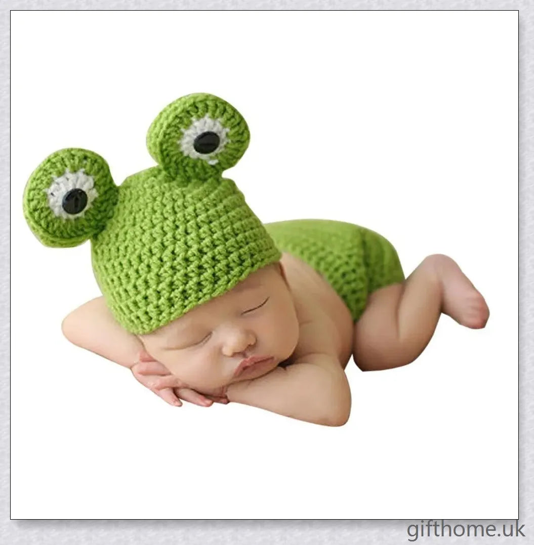 Adorable frog-themed crochet baby beanie and bloomer set for newborn photography