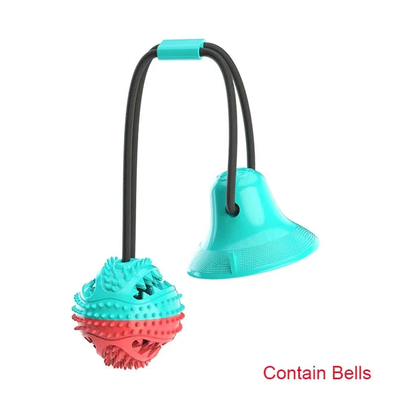 A blue interactive chew ball toy for large dogs with a suction cup, rope, and treat dispenser for dental care and playtime