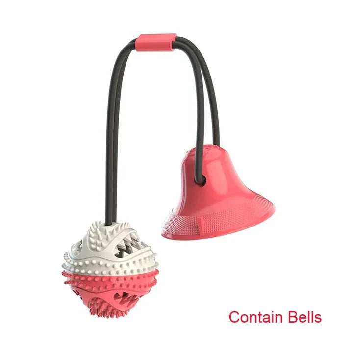 A blue interactive chew ball toy for large dogs with a suction cup, rope, and treat dispenser for dental care and playtime