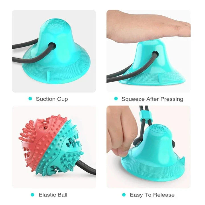 A blue interactive chew ball toy for large dogs with a suction cup, rope, and treat dispenser for dental care and playtime