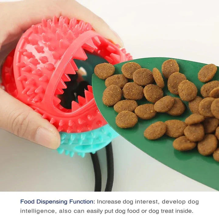 A blue interactive chew ball toy for large dogs with a suction cup, rope, and treat dispenser for dental care and playtime