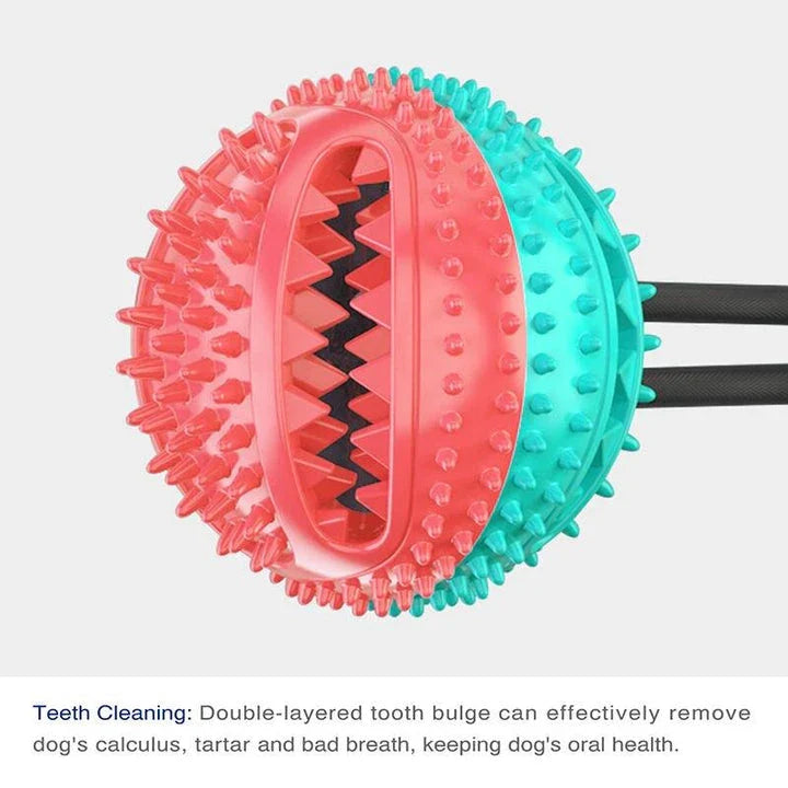 A blue interactive chew ball toy for large dogs with a suction cup, rope, and treat dispenser for dental care and playtime